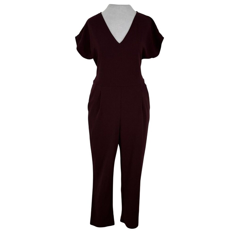 Express Womens Burgundy V-Neck Jumpsuit With Tie Waist Size M